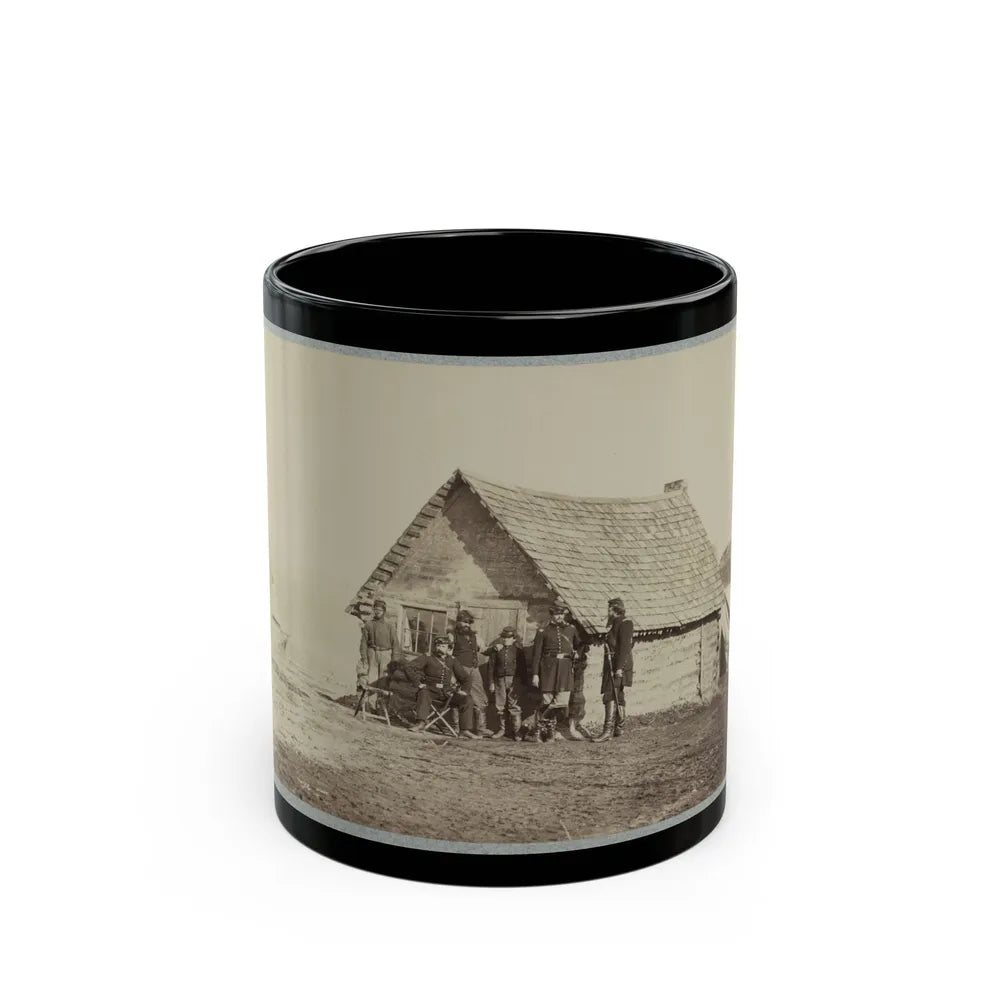 A Group Of Soldiers, And Two Young Men, One An African American, Stand Outside Of Log Cabin Quarters (U.S. Civil War) Black Coffee Mug-11oz-Go Mug Yourself