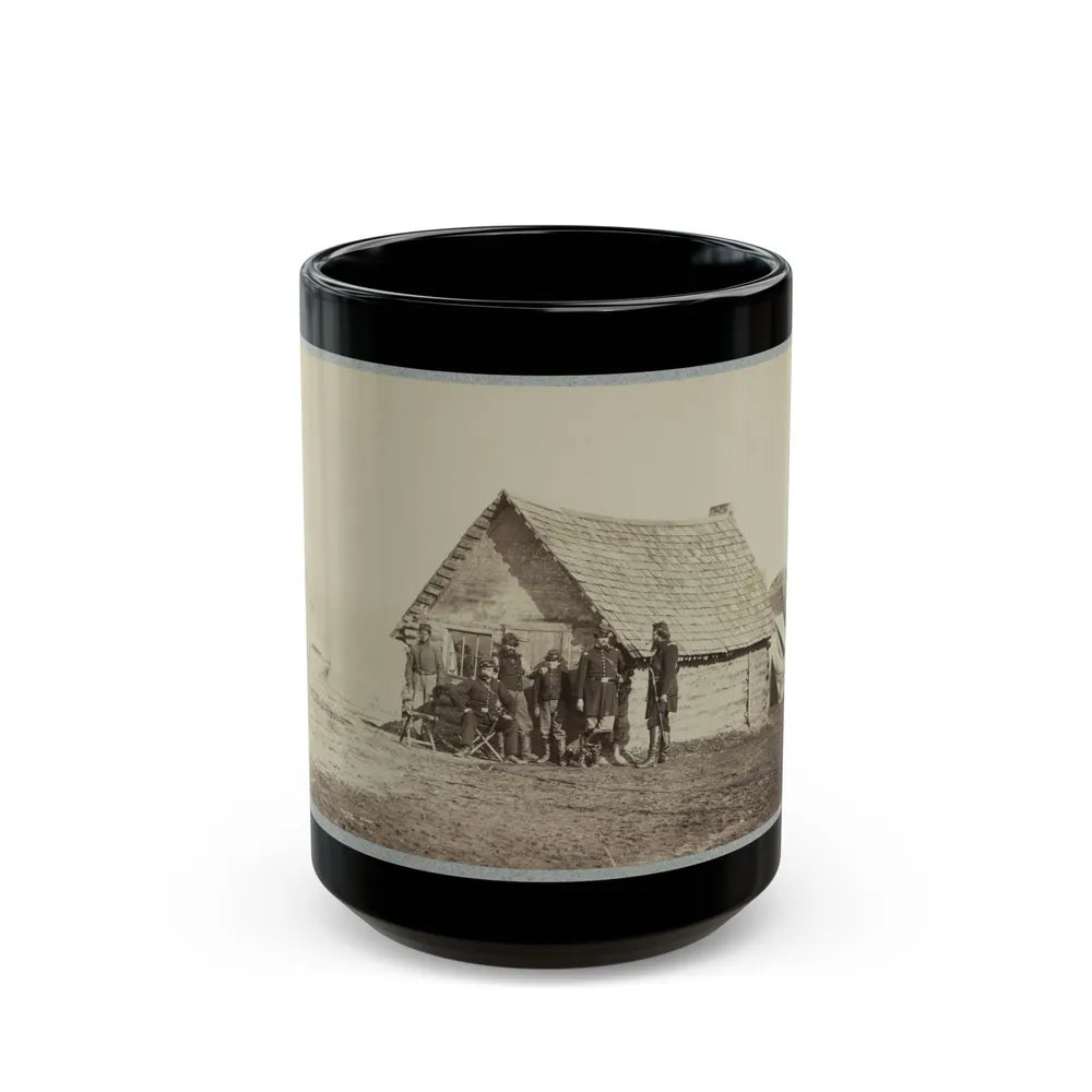 A Group Of Soldiers, And Two Young Men, One An African American, Stand Outside Of Log Cabin Quarters (U.S. Civil War) Black Coffee Mug-15oz-Go Mug Yourself