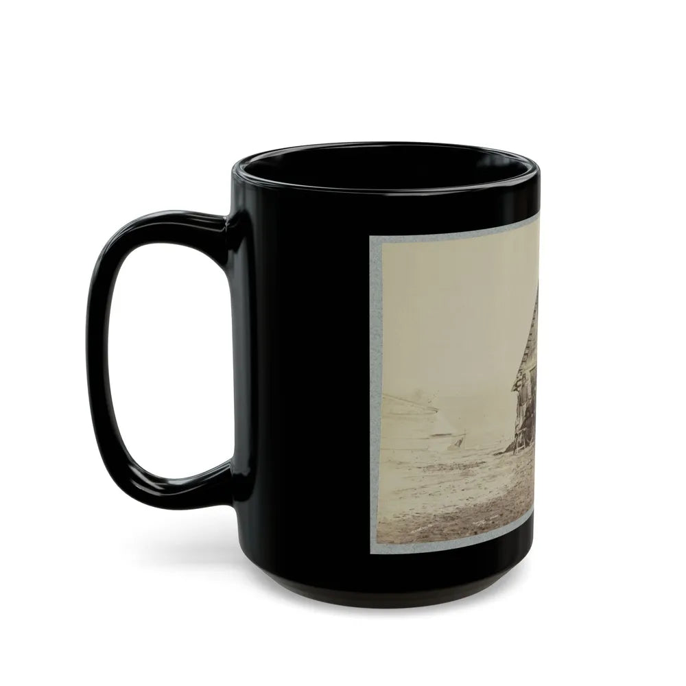 A Group Of Soldiers, And Two Young Men, One An African American, Stand Outside Of Log Cabin Quarters (U.S. Civil War) Black Coffee Mug-Go Mug Yourself