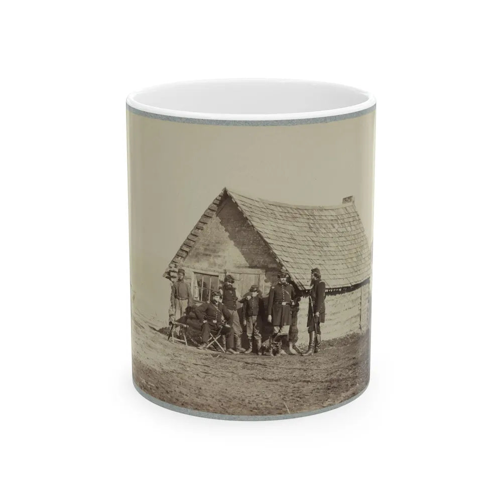 A Group Of Soldiers, And Two Young Men, One An African American, Stand Outside Of Log Cabin Quarters (U.S. Civil War) White Coffee Mug-11oz-Go Mug Yourself