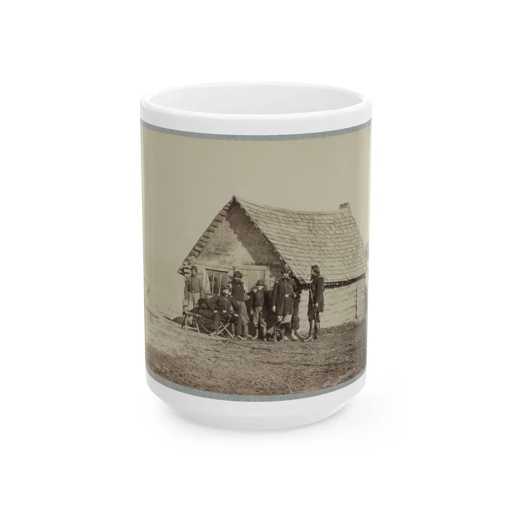 A Group Of Soldiers, And Two Young Men, One An African American, Stand Outside Of Log Cabin Quarters (U.S. Civil War) White Coffee Mug-15oz-Go Mug Yourself