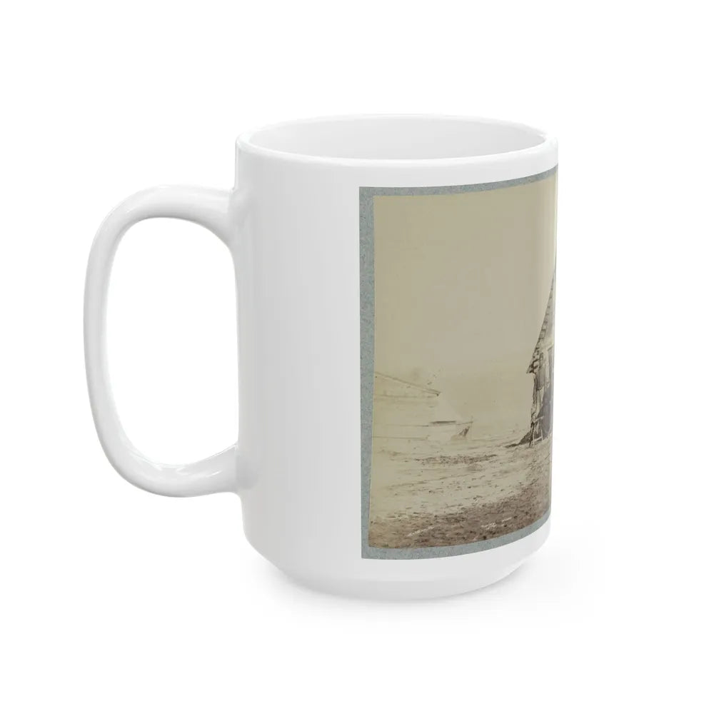 A Group Of Soldiers, And Two Young Men, One An African American, Stand Outside Of Log Cabin Quarters (U.S. Civil War) White Coffee Mug-Go Mug Yourself