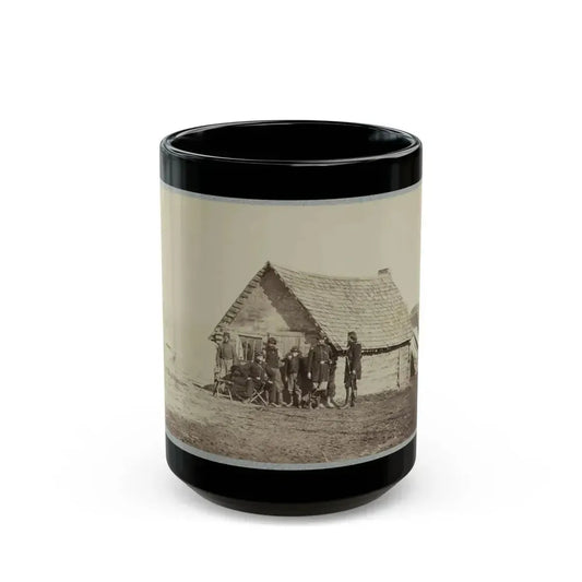 A Group Of Soldiers, And Two Young Men, One An African American, Stand Outside Of Log Cabin Quarters (U.S. Civil War) Black Coffee Mug 15oz - Go Mug Yourself