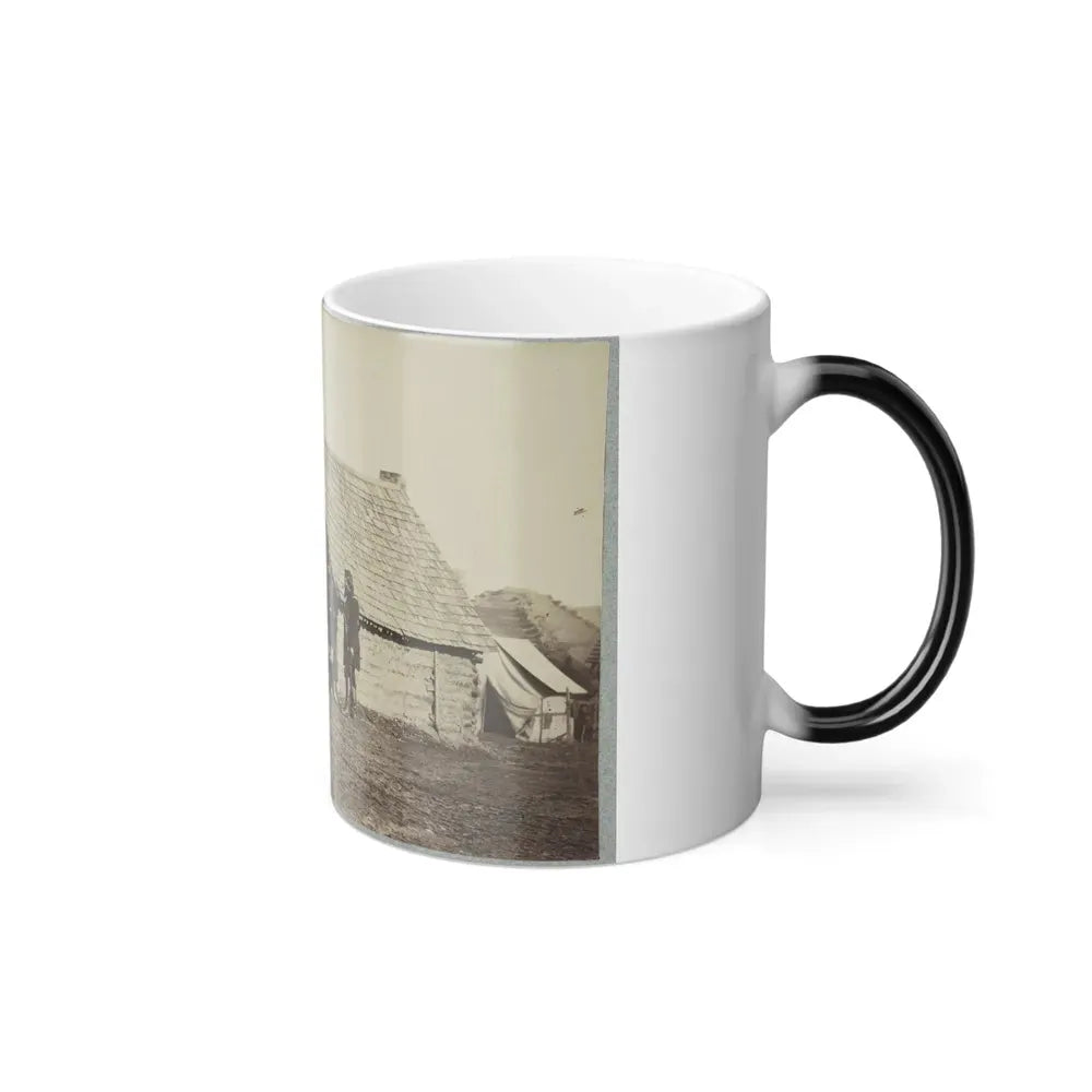 A Group of Soldiers, and Two Young Men, One an African American, Stand Outside of Log Cabin Quarters (U.S. Civil War) Color Changing Coffee Mug 11oz - Go Mug Yourself