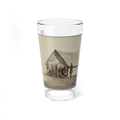 A Group Of Soldiers, And Two Young Men, One An African American, Stand Outside Of Log Cabin Quarters (U.S. Civil War) Pint Glass 16oz 16oz - Go Mug Yourself