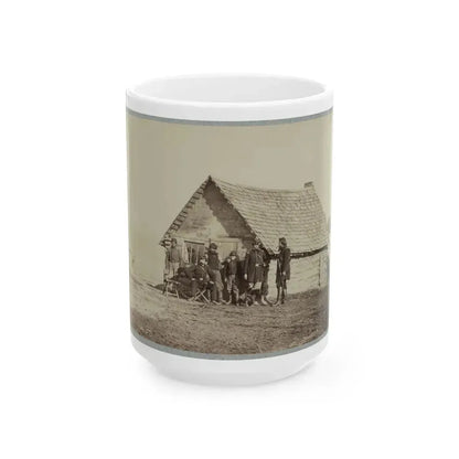 A Group Of Soldiers, And Two Young Men, One An African American, Stand Outside Of Log Cabin Quarters (U.S. Civil War) White Coffee Mug 15oz - Go Mug Yourself