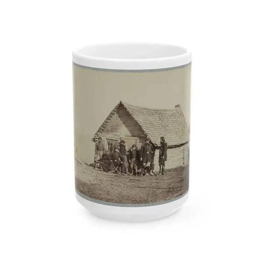 A Group Of Soldiers, And Two Young Men, One An African American, Stand Outside Of Log Cabin Quarters (U.S. Civil War) White Coffee Mug 15oz - Go Mug Yourself