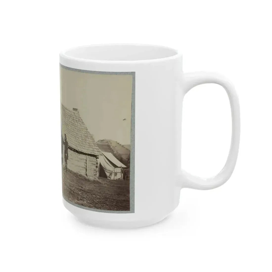 A Group Of Soldiers, And Two Young Men, One An African American, Stand Outside Of Log Cabin Quarters (U.S. Civil War) White Coffee Mug - Go Mug Yourself