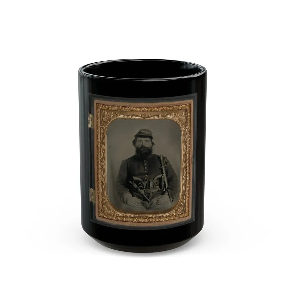 A. J. Blue, Cavalry Soldier In Union Shell Jacket And Bummer Cap With Three Remington Revolvers In His Belt, Holding A Sword (U.S. Civil War) Black Coffee Mug 15oz - Go Mug Yourself