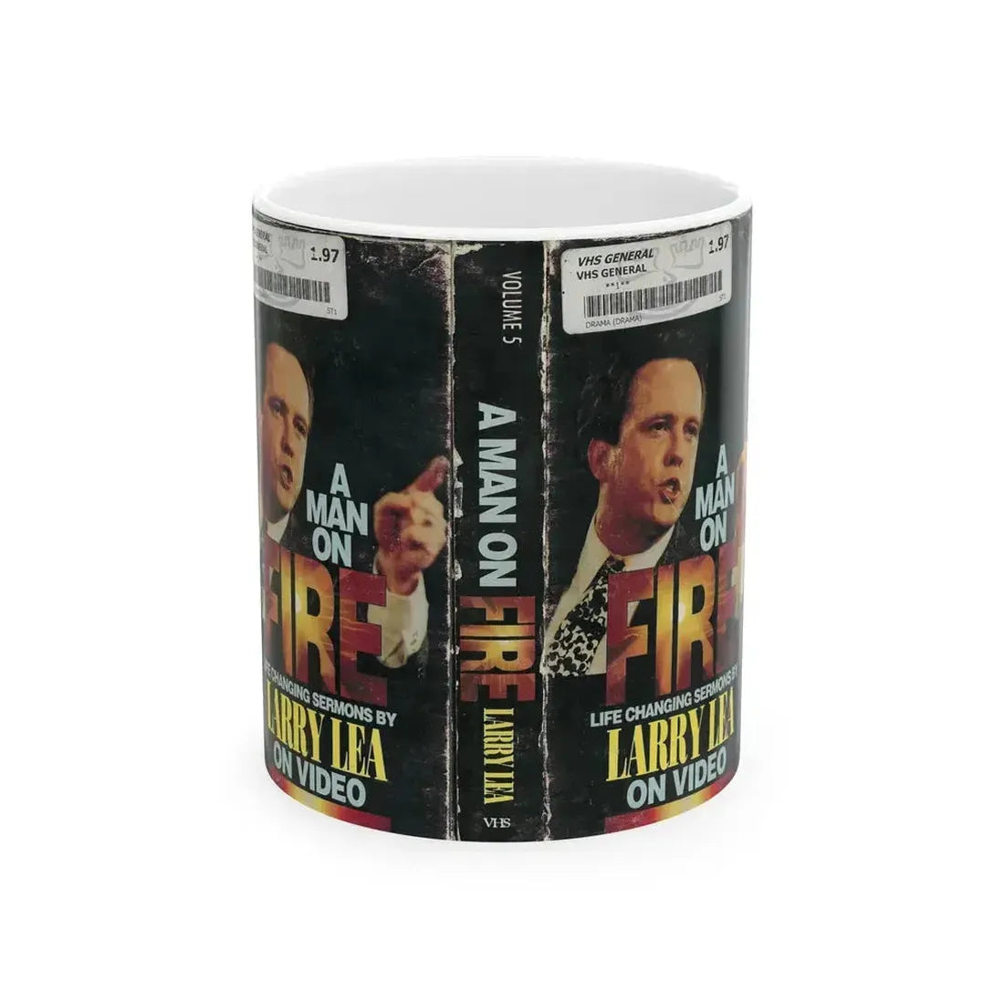 A MAN ON FIRE LIFE CHANGING SERMONS BY LARRY LEA ON VIDEO (VHS COVER) - White Coffee Mug 11oz - Go Mug Yourself