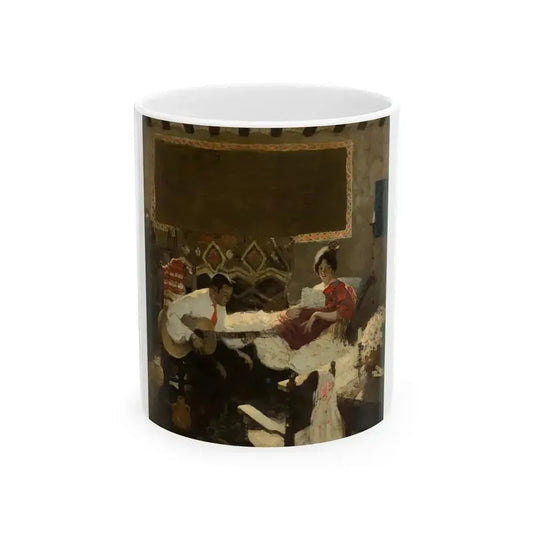 A Man Serenading a Woman, story illustration, August 1924 - White Coffee Mug 11oz - Go Mug Yourself