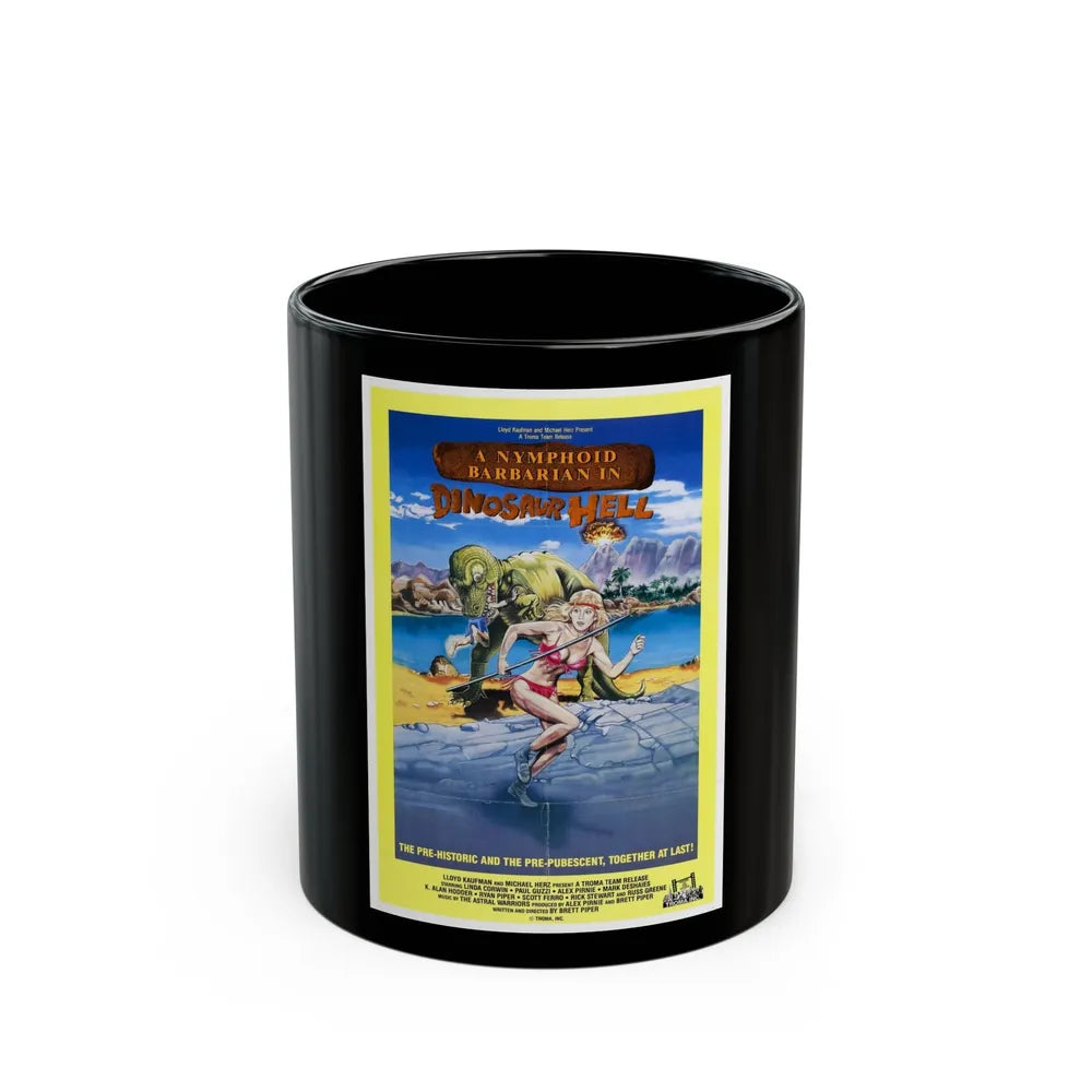 A NYMPHOID BARBARIAN IN DINOSAUR HELL 1990 Movie Poster - Black Coffee Mug-11oz-Go Mug Yourself