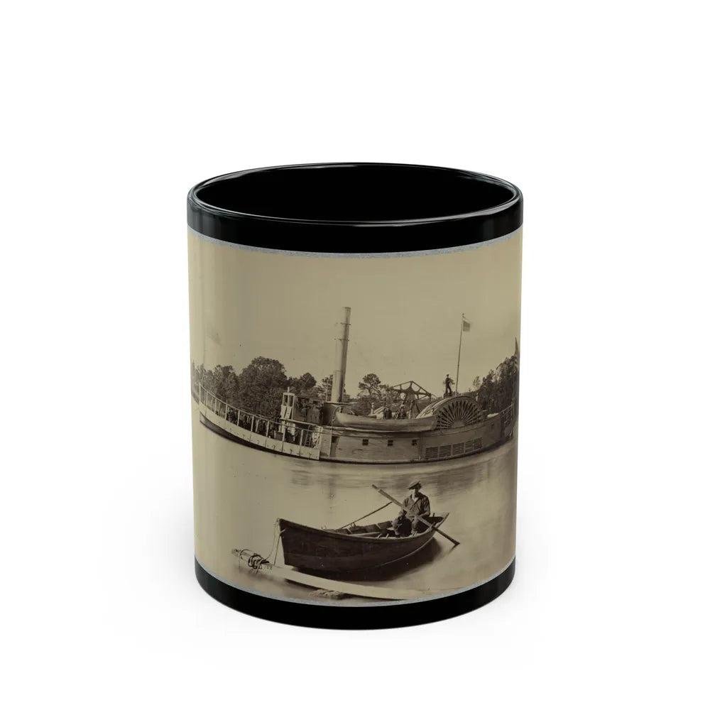 A Sailor Sits In A Small Boat In The Foreground With A Side Wheeler In The Rear (U.S. Civil War) Black Coffee Mug-11oz-Go Mug Yourself