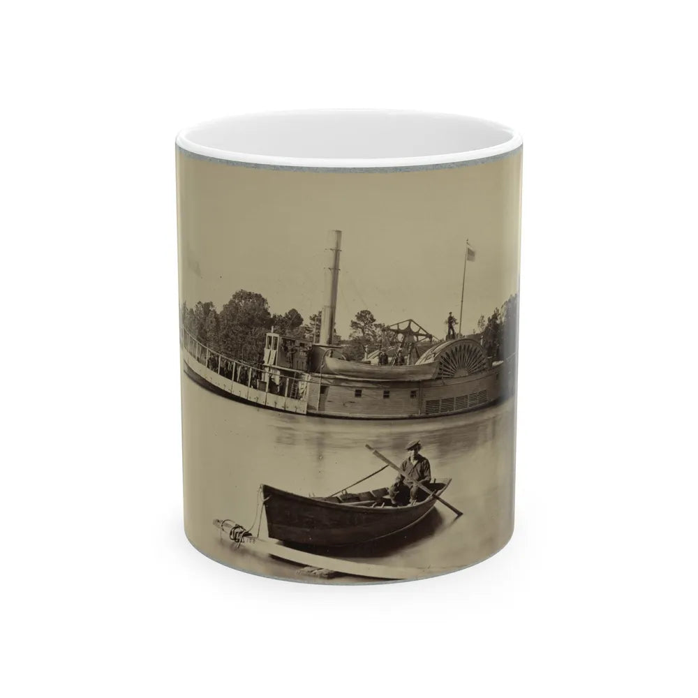 A Sailor Sits In A Small Boat In The Foreground With A Side Wheeler In The Rear (U.S. Civil War) White Coffee Mug-11oz-Go Mug Yourself