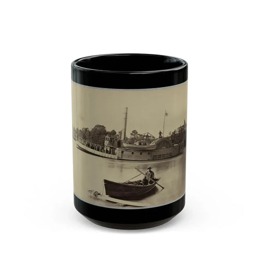 A Sailor Sits In A Small Boat In The Foreground With A Side Wheeler In The Rear (U.S. Civil War) Black Coffee Mug 15oz - Go Mug Yourself
