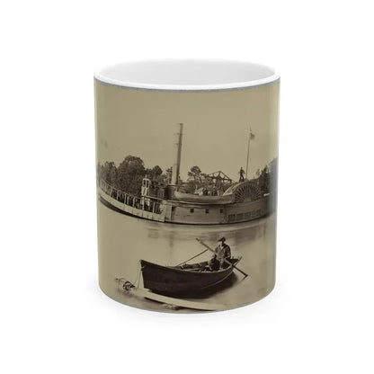 A Sailor Sits In A Small Boat In The Foreground With A Side Wheeler In The Rear (U.S. Civil War) White Coffee Mug 11oz - Go Mug Yourself
