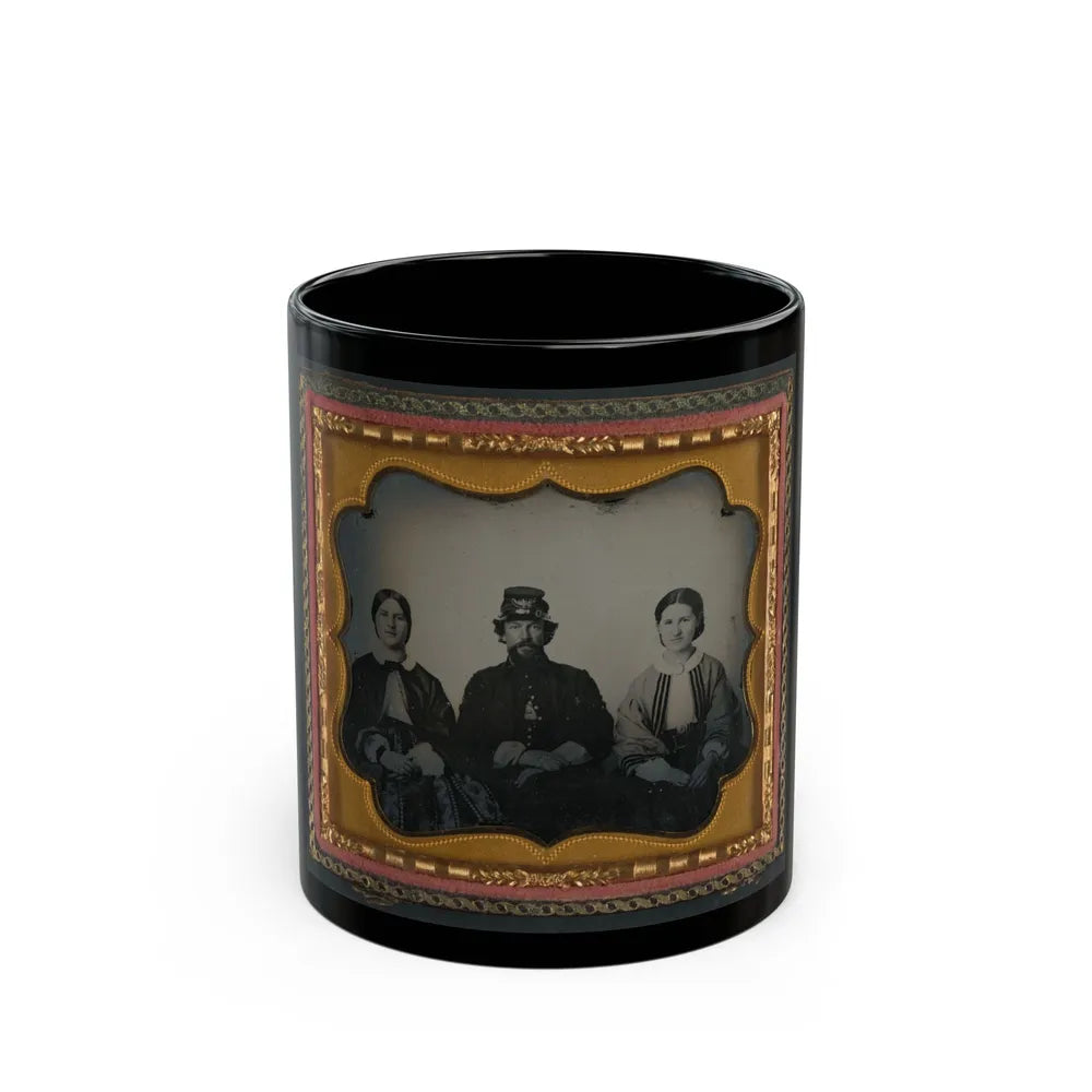 Unidentified Soldier In Infantry Uniform Sitting Between Two Women, Probably Relatives (U.S. Civil War) Black Coffee Mug-11oz-Go Mug Yourself