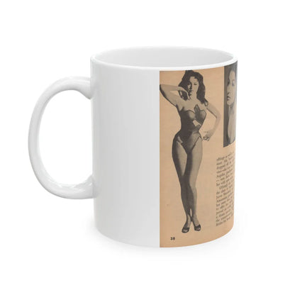 Julie Newmar #483 - Pages 38-39 Pages, 3 & 4 of 5 with, Julie+3 B&W Photos, Caption & Article from Glance Pocket Mag. Dec. '57 (Vintage Female Icon) White Coffee Mug-Go Mug Yourself