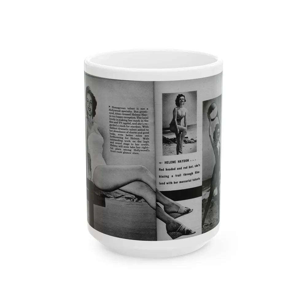 Helene Hayden #06 - 2 Pages, 3 B&W Photos, Short Article & Caption from EYE Digest Mag. Nov. '53 (Vintage Female Icon) White Coffee Mug-15oz-Go Mug Yourself