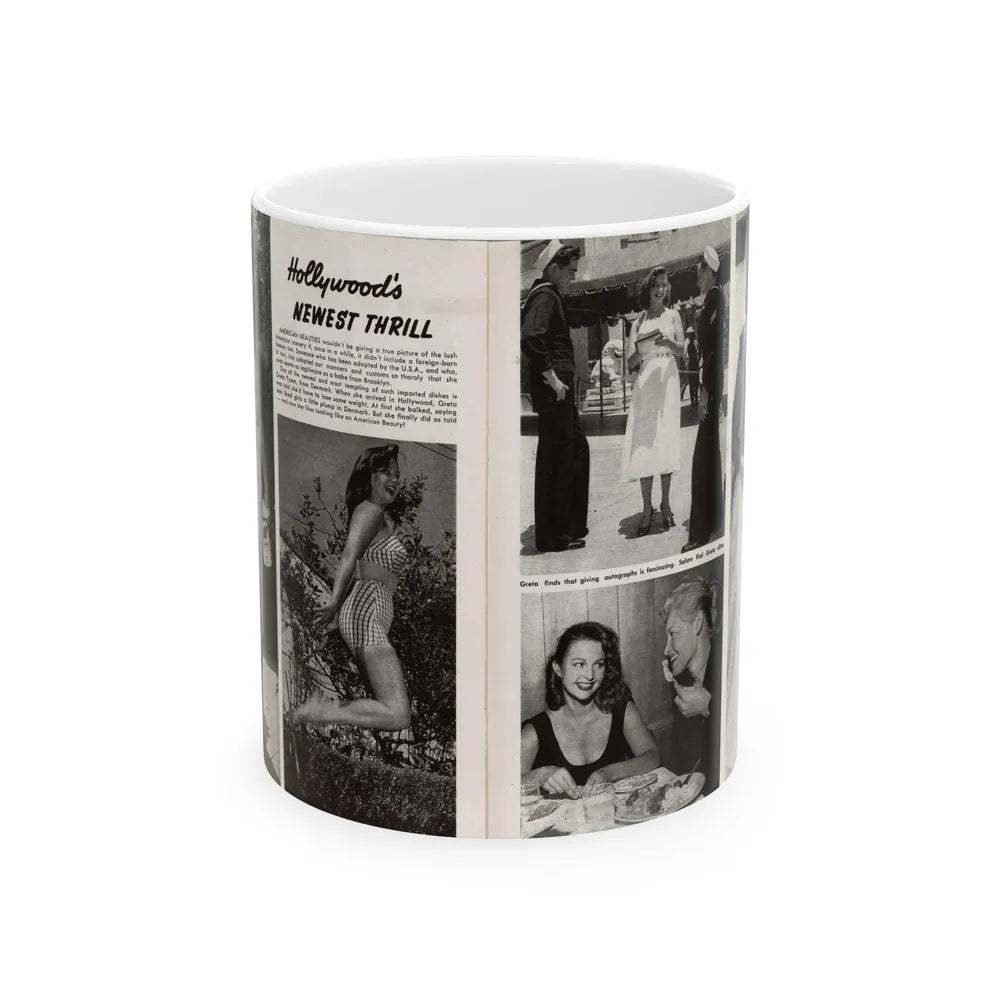 Greta Thyssen #16 - American Beauties Mag. '53 - 2 Pages with, 5 B&W Photos (Vintage Female Icon) White Coffee Mug-11oz-Go Mug Yourself