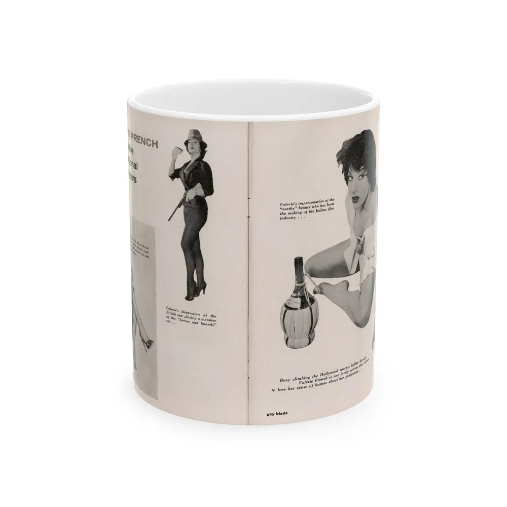 Valerie French #37 - [Pages 48 & 49] Pages 1 & 2 of 2 with, Valerie+3 B&W Photos & 3 Captions from Gay Blade Magazine Dec. '56 (Vintage Female Icon) White Coffee Mug-11oz-Go Mug Yourself