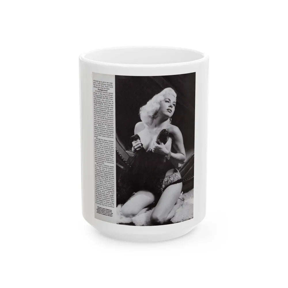 Jeanne Carmen #118 - Pages 4 of 14 with, 1 Large B&W Photo & Article from Femme Fatales Mag. Oct. '95 (Vintage Female Icon) White Coffee Mug-15oz-Go Mug Yourself