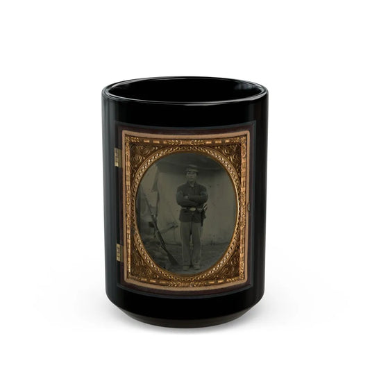 Unidentified Soldier In Infantry Sergeant Uniform With Holster And Musket In Front Of Tent (U.S. Civil War) Black Coffee Mug-15oz-Go Mug Yourself