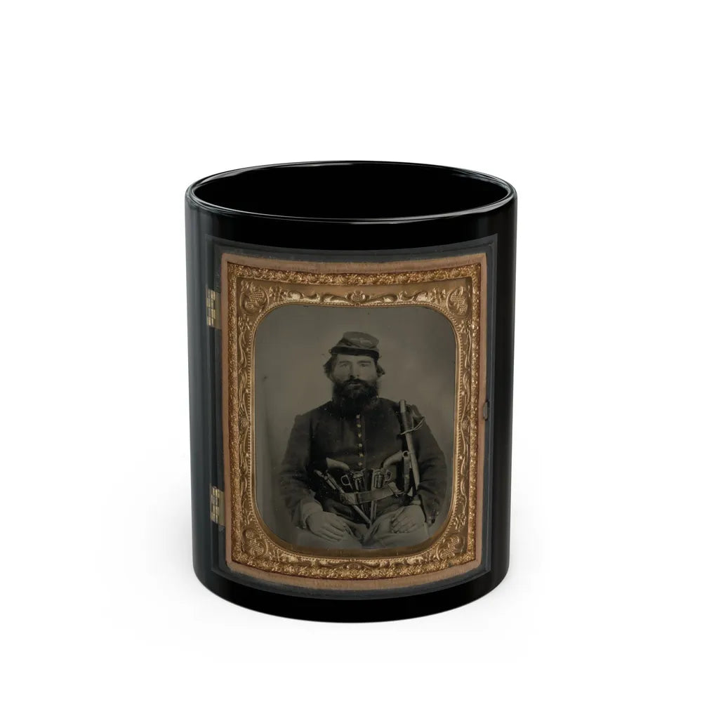 A. J. Blue, Cavalry Soldier In Union Shell Jacket And Bummer Cap With Three Remington Revolvers In His Belt, Holding A Sword (U.S. Civil War) Black Coffee Mug-11oz-Go Mug Yourself