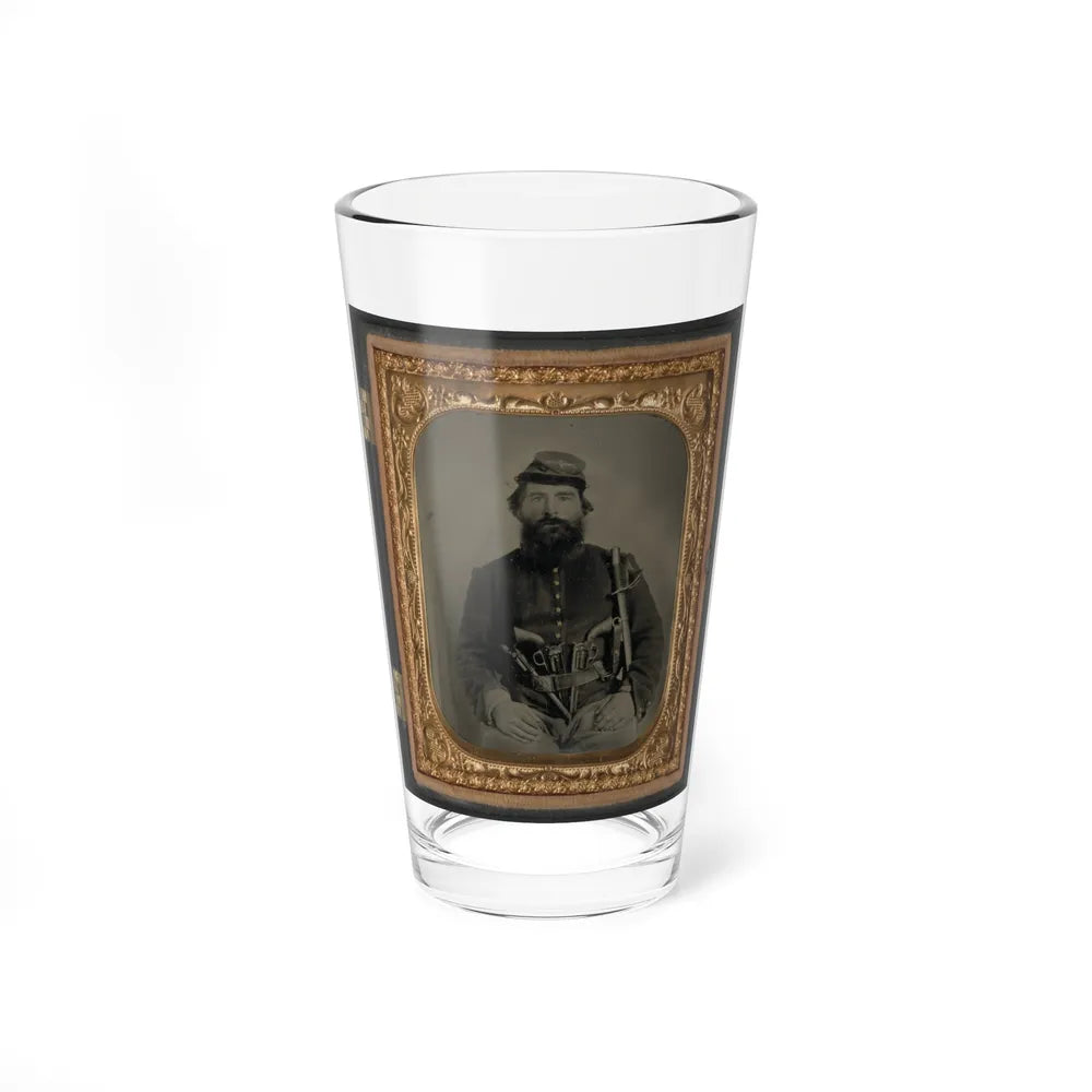 A. J. Blue, Cavalry Soldier In Union Shell Jacket And Bummer Cap With Three Remington Revolvers In His Belt, Holding A Sword (U.S. Civil War) Pint Glass 16oz-16oz-Go Mug Yourself