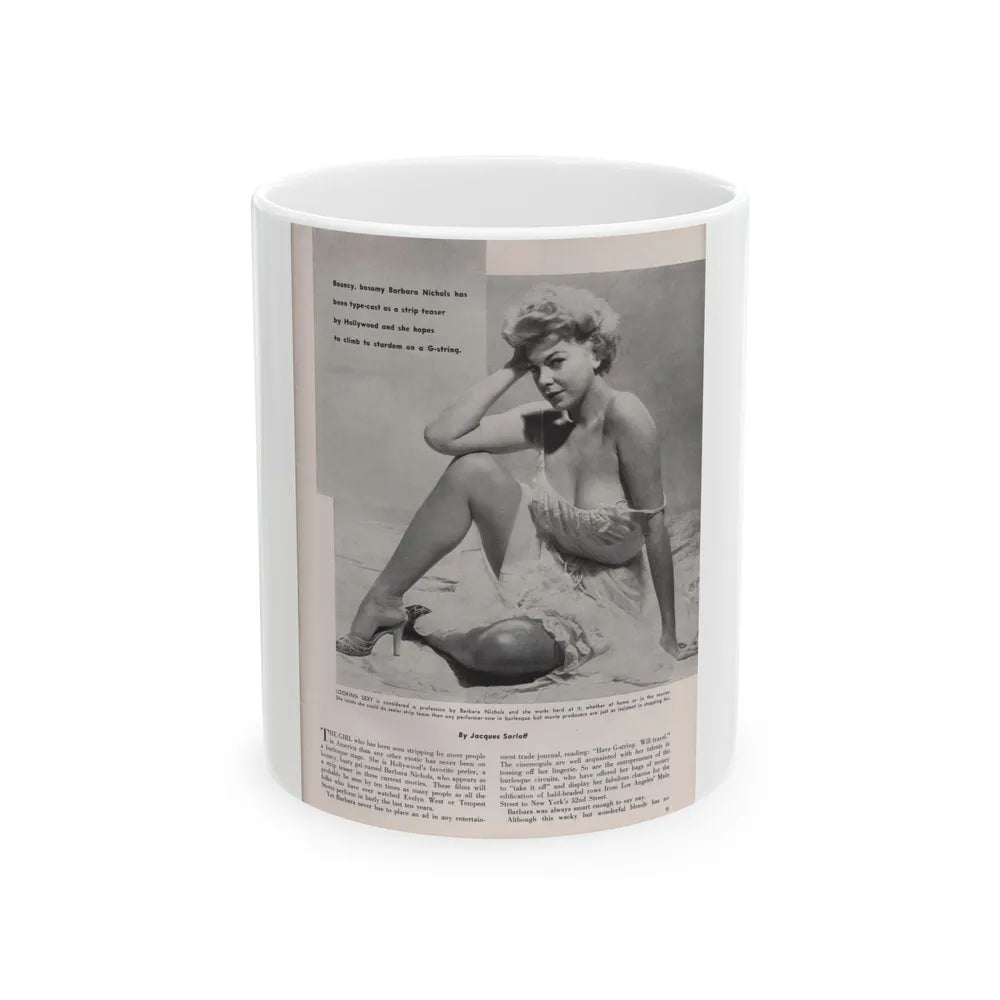 Barbara Nichols #405 - 1 Page, 1 B&W Photo & Article from Modern Man Mag. Sept. '56 (Vintage Female Icon) White Coffee Mug-11oz-Go Mug Yourself