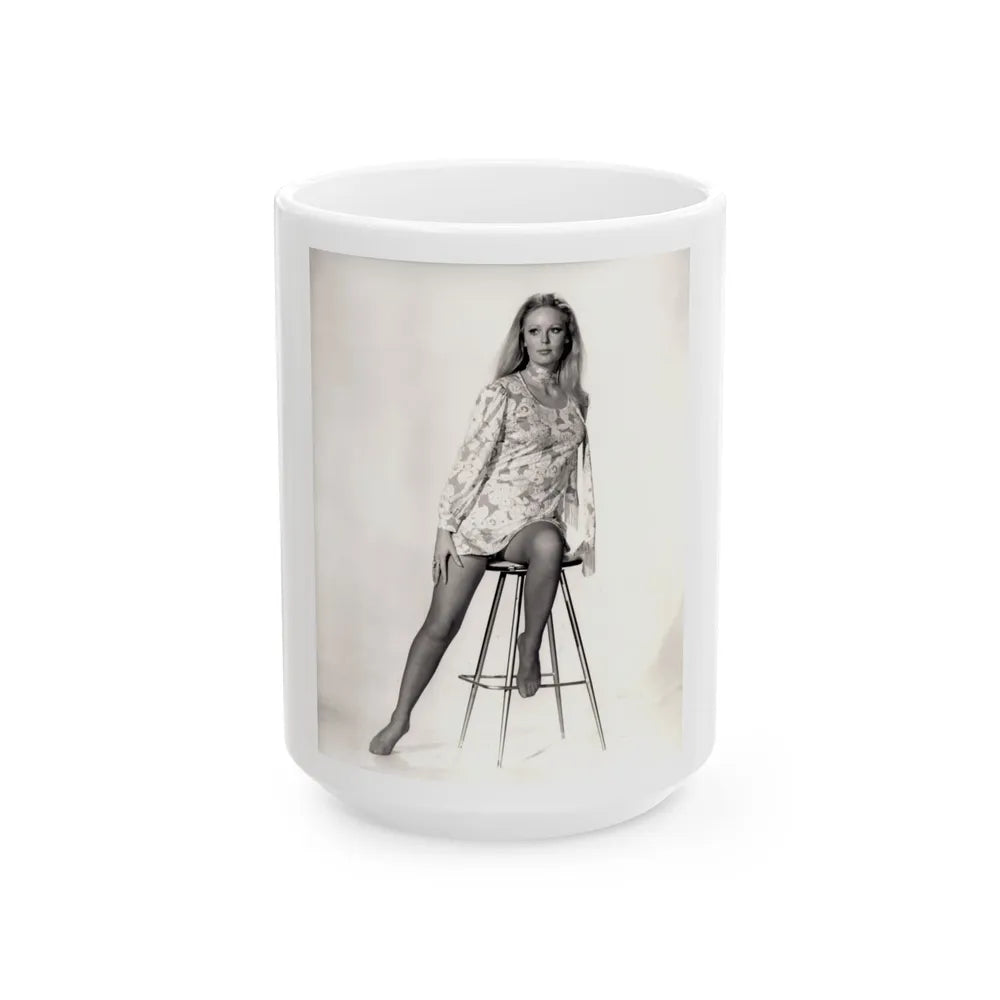 Veronica Carlson #09 - 8x10 B&W Glamour Full Body Dress & Stockings Shot #01 (Vintage Female Icon) White Coffee Mug-15oz-Go Mug Yourself