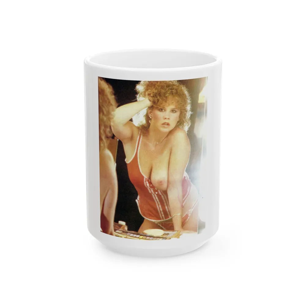 Linda Blair #317 - 1 Page, 1 Photo with lingerie partially exposed with 1 boob exposed from OUI Mag. October '82 (Vintage Female Icon) White Coffee Mug-15oz-Go Mug Yourself