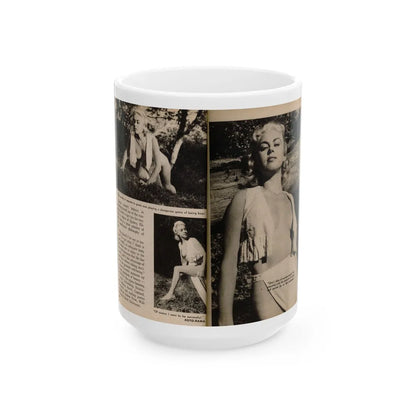 Jeanne Carmen #202 - Pages 28 & 29 Pages 7 & 8 of 8+3 B&W Photos, Captions & Short Article End from Foto-rama Digest Mag. Sept. '58 (Vintage Female Icon) White Coffee Mug-15oz-Go Mug Yourself