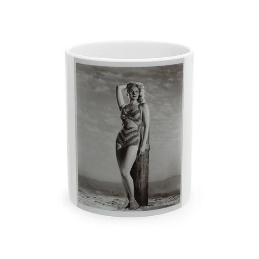 Adele Jergens #120 - 8x10 B&W Photo of Full Body 2-Piece Swimsuit Cheesecake Photo (Vintage Female Icon) White Coffee Mug-11oz-Go Mug Yourself