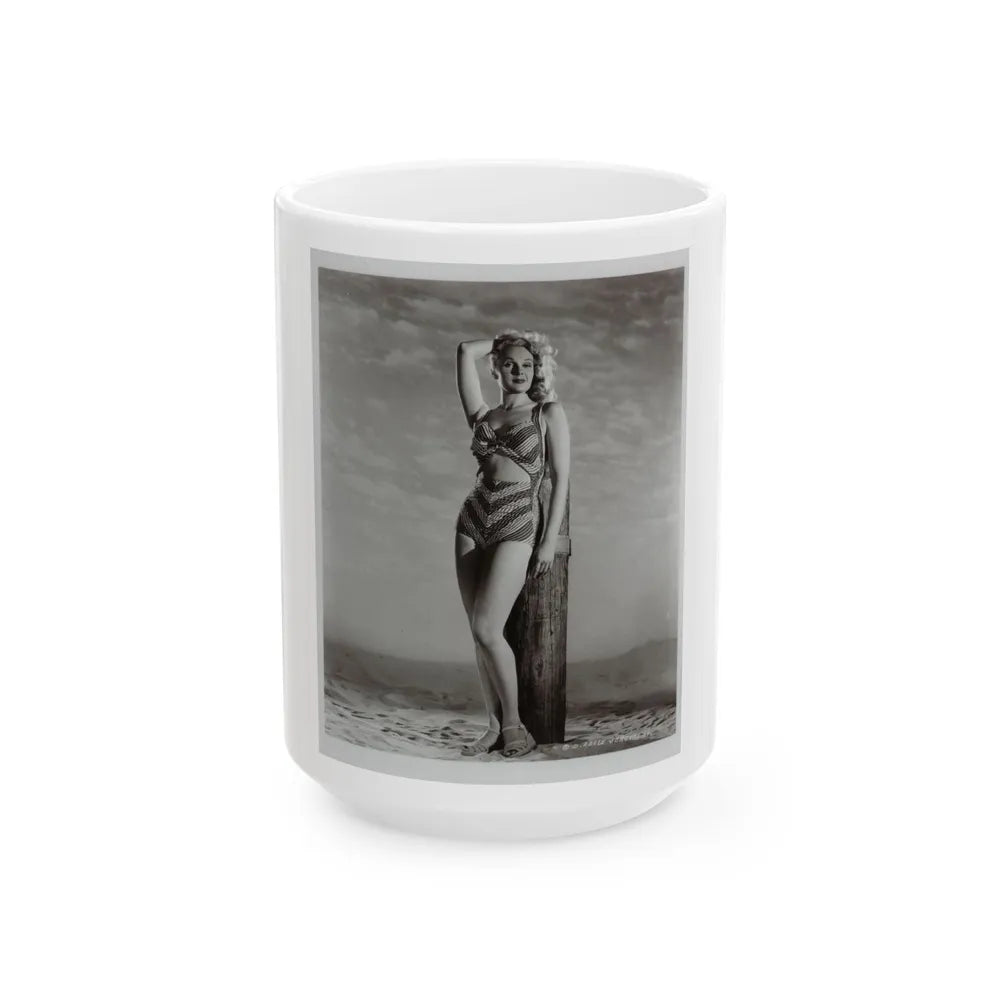 Adele Jergens #120 - 8x10 B&W Photo of Full Body 2-Piece Swimsuit Cheesecake Photo (Vintage Female Icon) White Coffee Mug-15oz-Go Mug Yourself