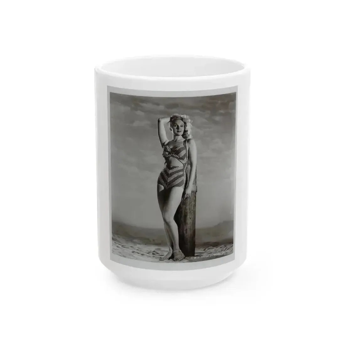 Adele Jergens #120 - 8x10 B&W Photo of Full Body 2-Piece Swimsuit Cheesecake Photo (Vintage Female Icon) White Coffee Mug 15oz - Go Mug Yourself