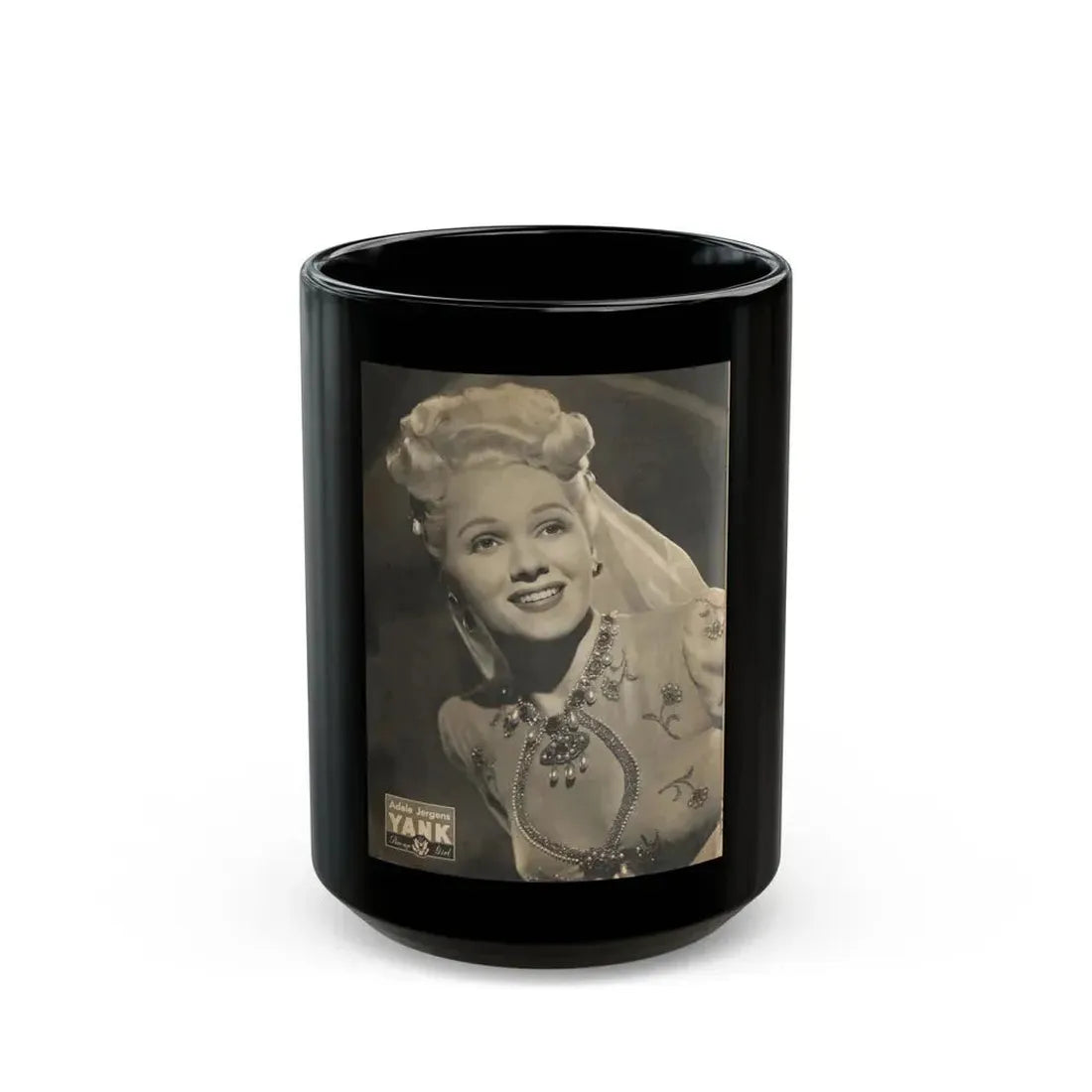 Adele Jergens #133 - YANK Mag. Glamour Photo 7-20-45 (Vintage Female Icon) Black Coffee Mug 15oz - Go Mug Yourself