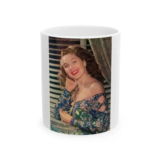 Adele Jergens #242 - 1 Page with, 1 Full 1 Color Glamour Portrait Photo from 1948 NYSN Newspaper Page (Vintage Female Icon) White Coffee Mug 11oz - Go Mug Yourself