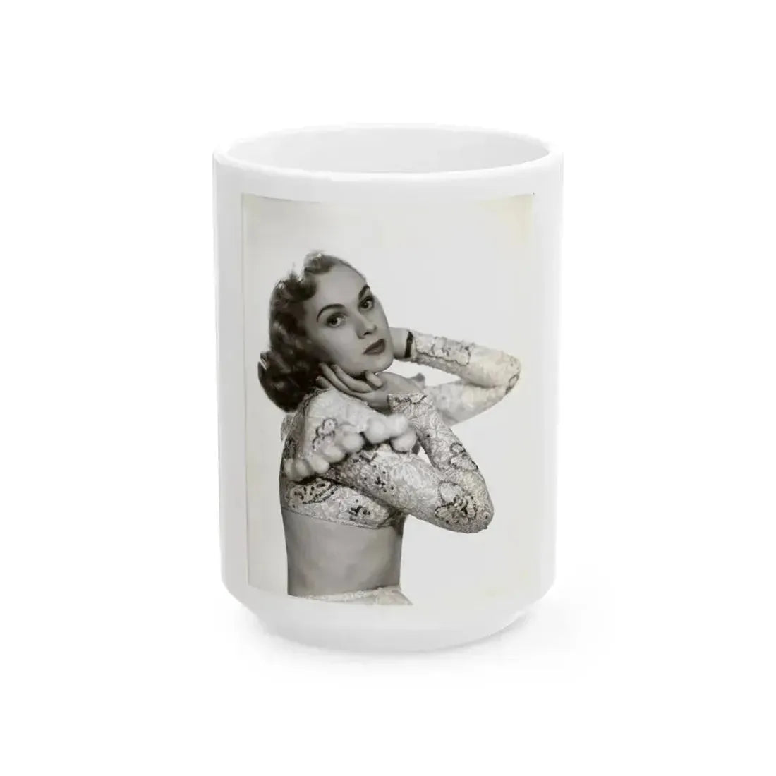 Adele Jergens #285 - 8x10 Vinatge B&W Waist to Head  Glamour Photo Showgirl to Chorus Girl from 7-10-38 (Vintage Female Icon) White Coffee Mug 15oz - Go Mug Yourself