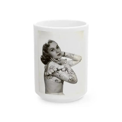 Adele Jergens #285 - 8x10 Vinatge B&W Waist to Head  Glamour Photo Showgirl to Chorus Girl from 7-10-38 (Vintage Female Icon) White Coffee Mug 15oz - Go Mug Yourself