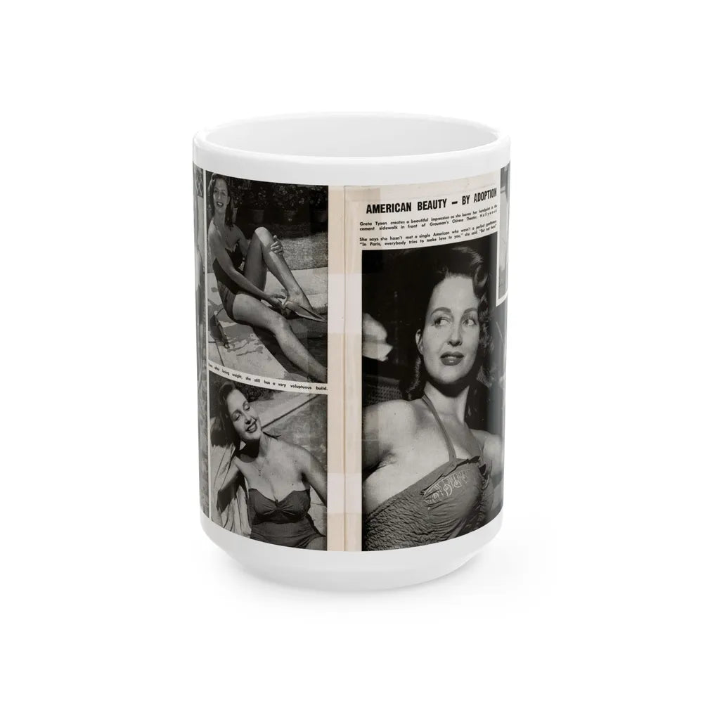 Greta Thyssen #17 - American Beauties Mag. '53 - 2 Pages with, 5 B&W Photos (Vintage Female Icon) White Coffee Mug-15oz-Go Mug Yourself