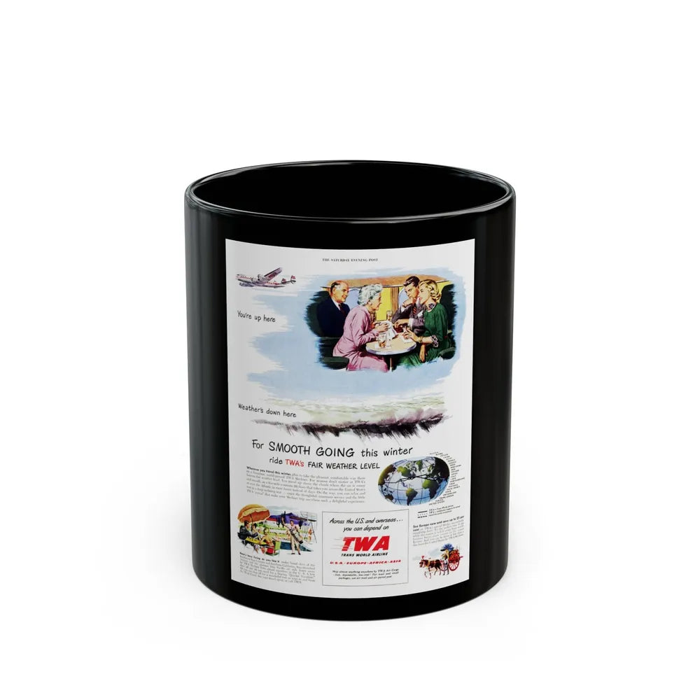 Advertisement for TWA, Saturday Evening Post, November 5, 1949 - Black Coffee Mug-11oz-Go Mug Yourself