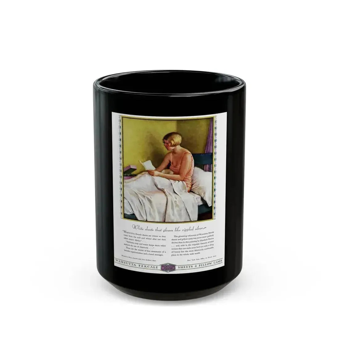 Advertisement for Wamsutta Percale, Harper's Bazaar, September 1930 - Black Coffee Mug 15oz - Go Mug Yourself