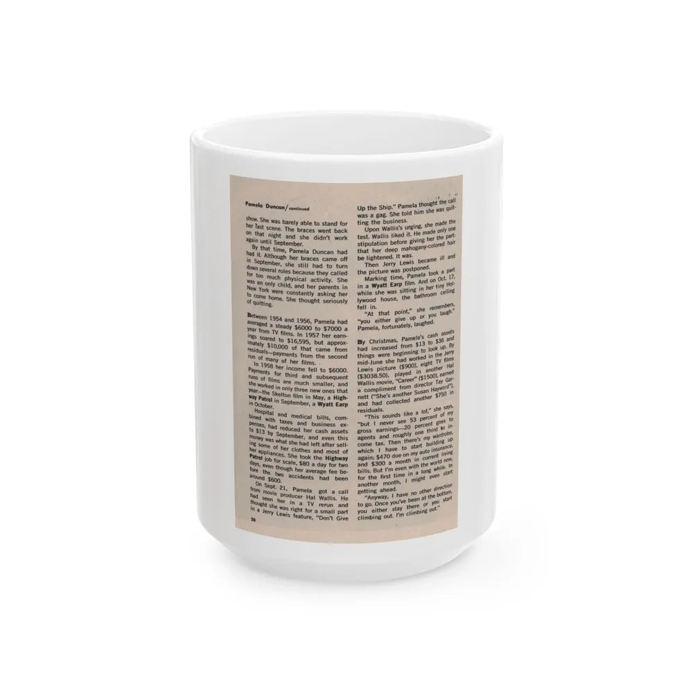 Pamela Duncan #38 - 5x7 Artricle continued no photo (Vintage Female Icon) White Coffee Mug-15oz-Go Mug Yourself