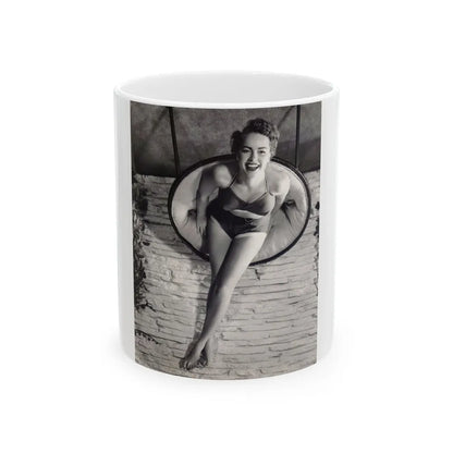 Terry Moore #732 - 8x10 1953 B&W Two Piece Full Body Swimsuit Barefoot Cheesecake Photo from 20th Century Fox Photo Shoot (Vintage Female Icon) White Coffee Mug-11oz-Go Mug Yourself