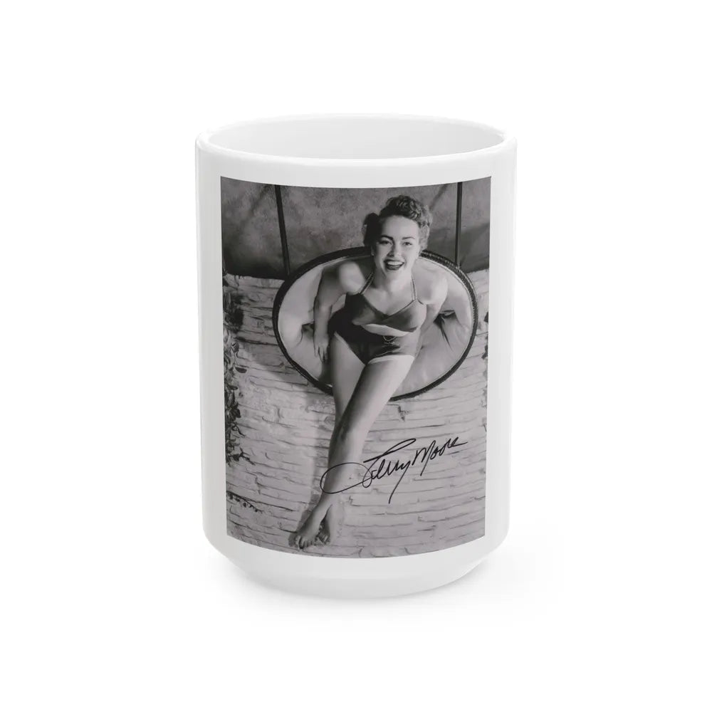 Terry Moore #732 - 8x10 1953 B&W Two Piece Full Body Swimsuit Barefoot Cheesecake Photo from 20th Century Fox Photo Shoot1 (Vintage Female Icon) White Coffee Mug-15oz-Go Mug Yourself