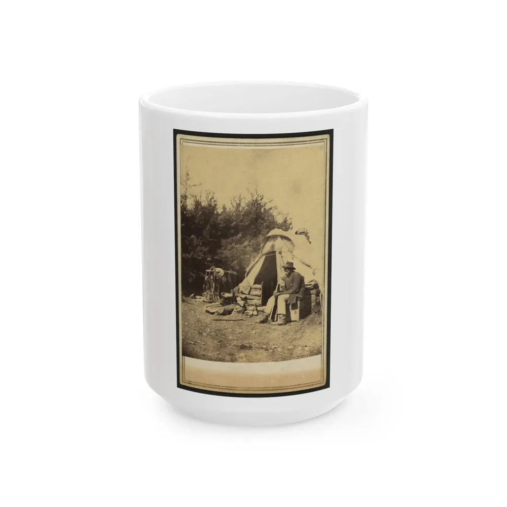 African American Man, Sitting Outside A Military Camp Tent (U.S. Civil War) White Coffee Mug-15oz-Go Mug Yourself