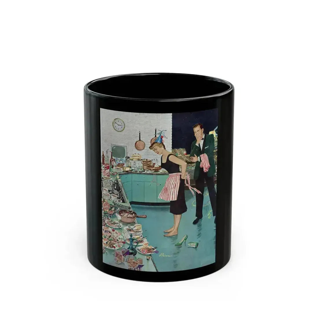After Party Clean-Up, The Saturday Evening Post, January 2, 1960 - Black Coffee Mug 11oz - Go Mug Yourself