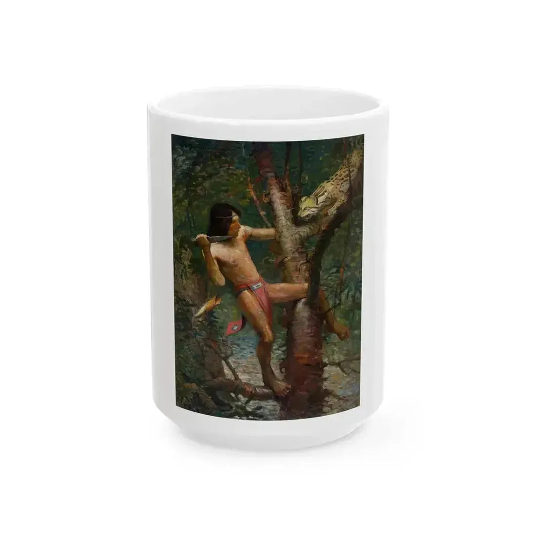 Ahuitzotl and the Ocelot, With Cortez the Conqueror book illustration, 1917 - White Coffee Mug 15oz - Go Mug Yourself