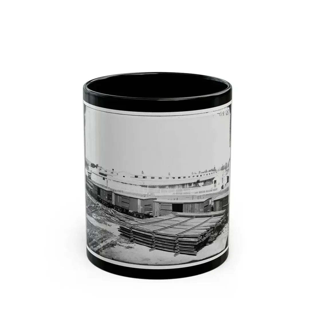 Alexandria, Virginia. Soldiers' Rest. (Railroad Boxcars Shown In Foreground) (U.S. Civil War) Black Coffee Mug 11oz - Go Mug Yourself